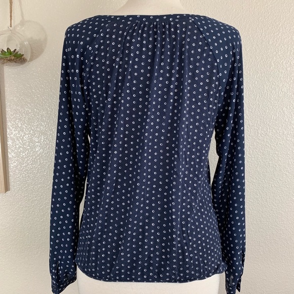 LOFT Sz Medium Navy White Blouse Polka Dot - Picture 3 of 9